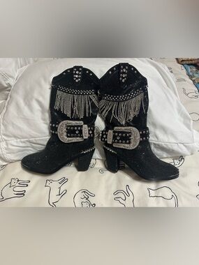 Black Rhinestone Fringe Western Booties with Silver Buckles
